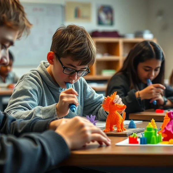 niños creando en la escuela figuras con bolígrafos 3d