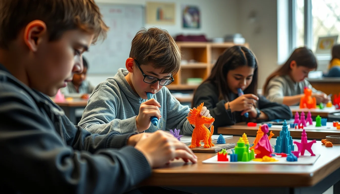 niños creando en la escuela figuras con bolígrafos 3d