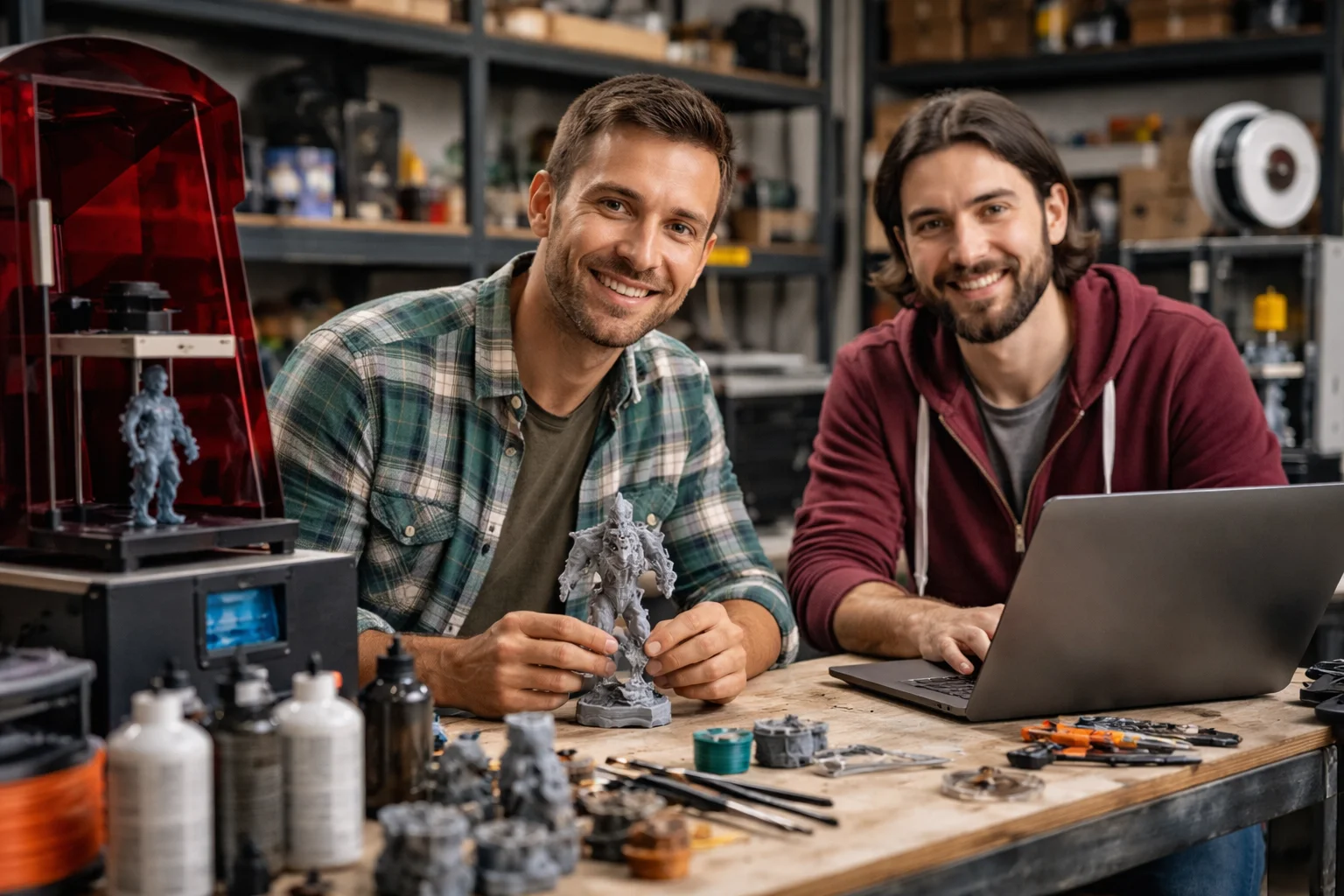 Sobre Nosotros, imagen de un equipo trabajando en el taller con una figura de modelado 3d. 