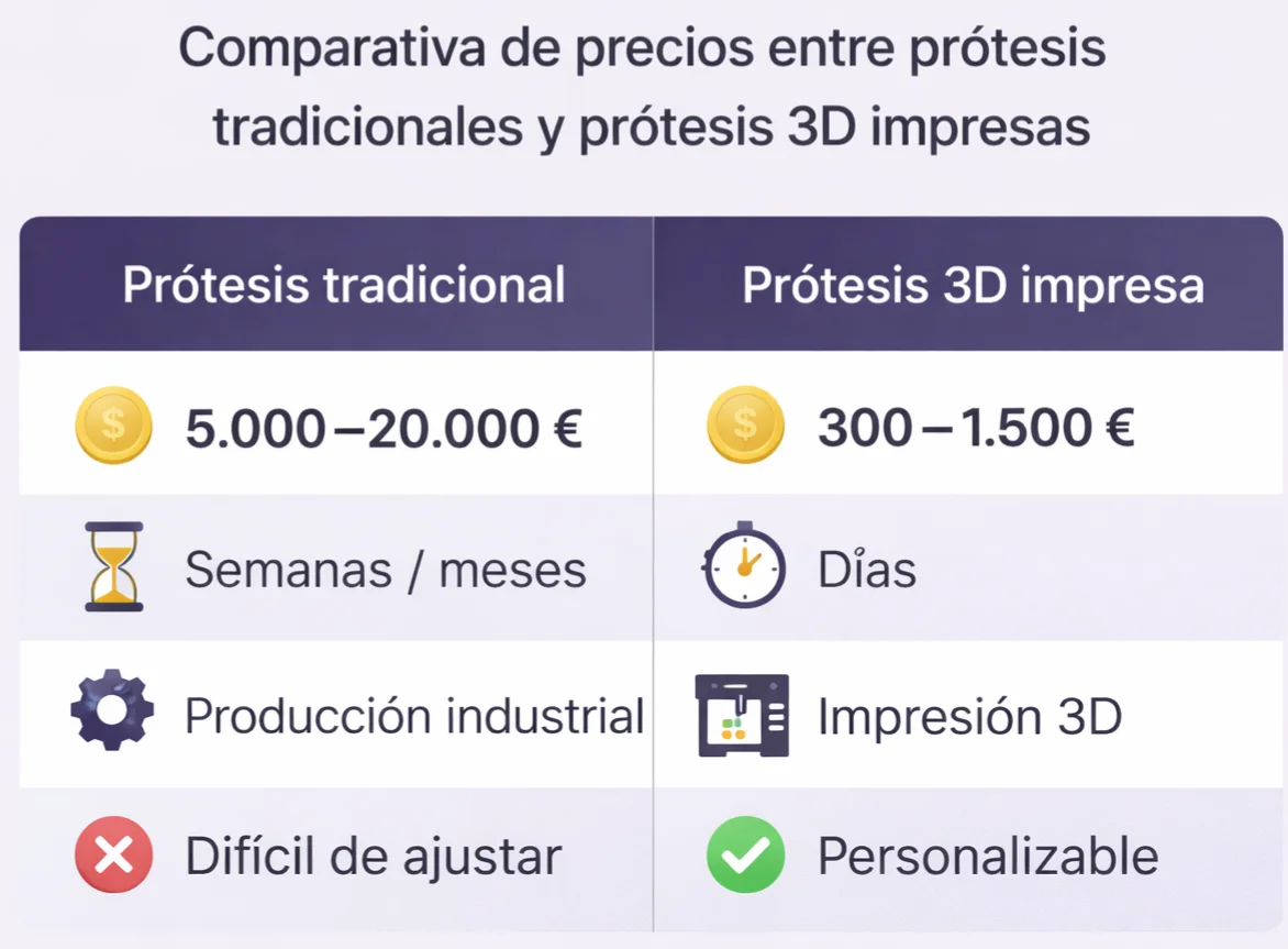 Comparativa visual de precios entre prótesis tradicionales y prótesis 3D impresas para niños amputados