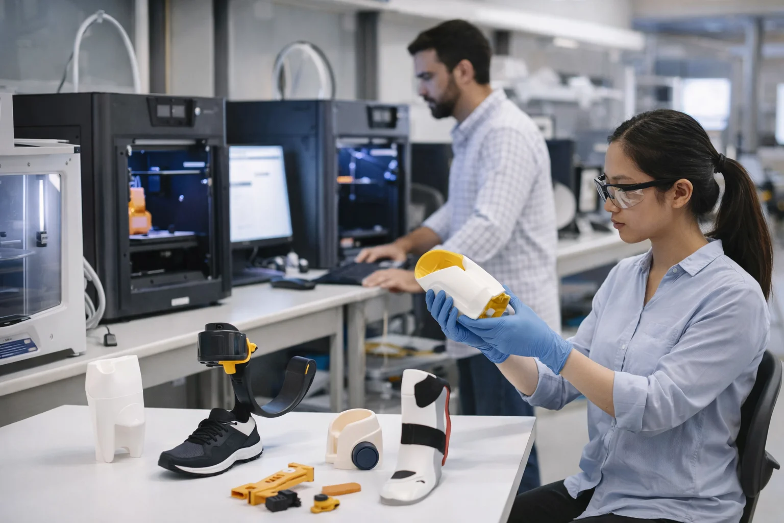 Investigadores en un laboratorio universitario desarrollando prótesis 3D personalizadas mediante impresión 3D