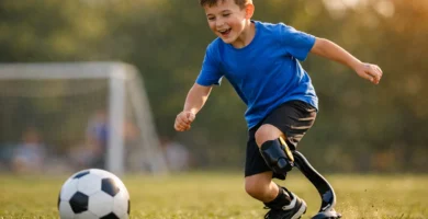 Niño amputado jugando al fútbol con una prótesis 3D tipo running blade diseñada para niños