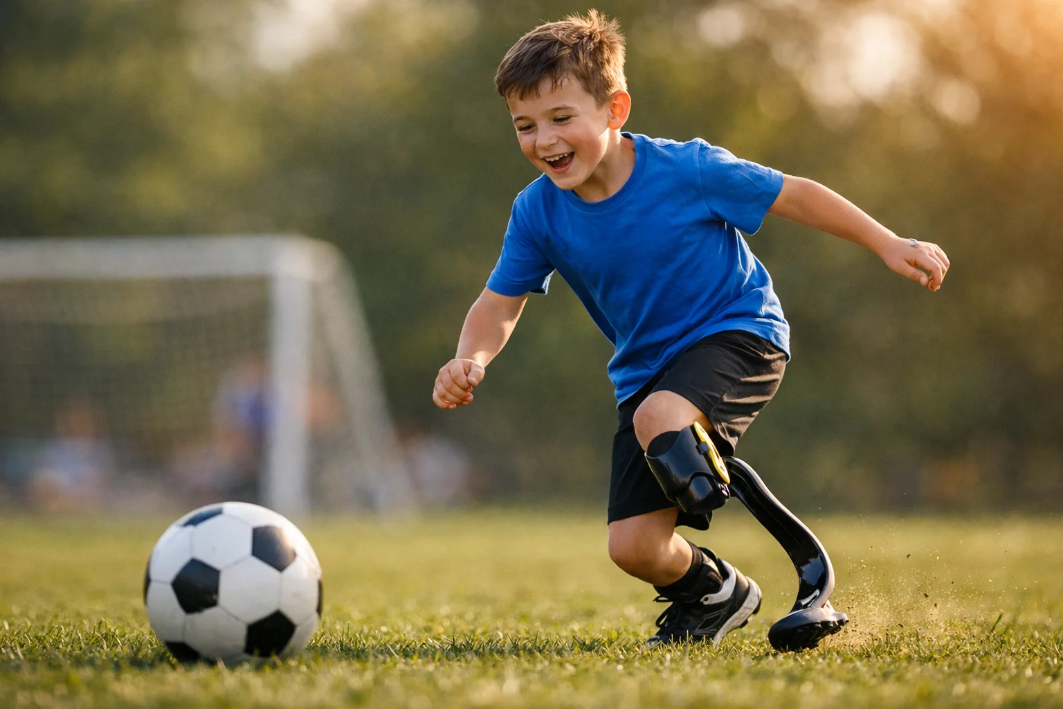 Niño amputado jugando al fútbol con una prótesis 3D tipo running blade diseñada para niños