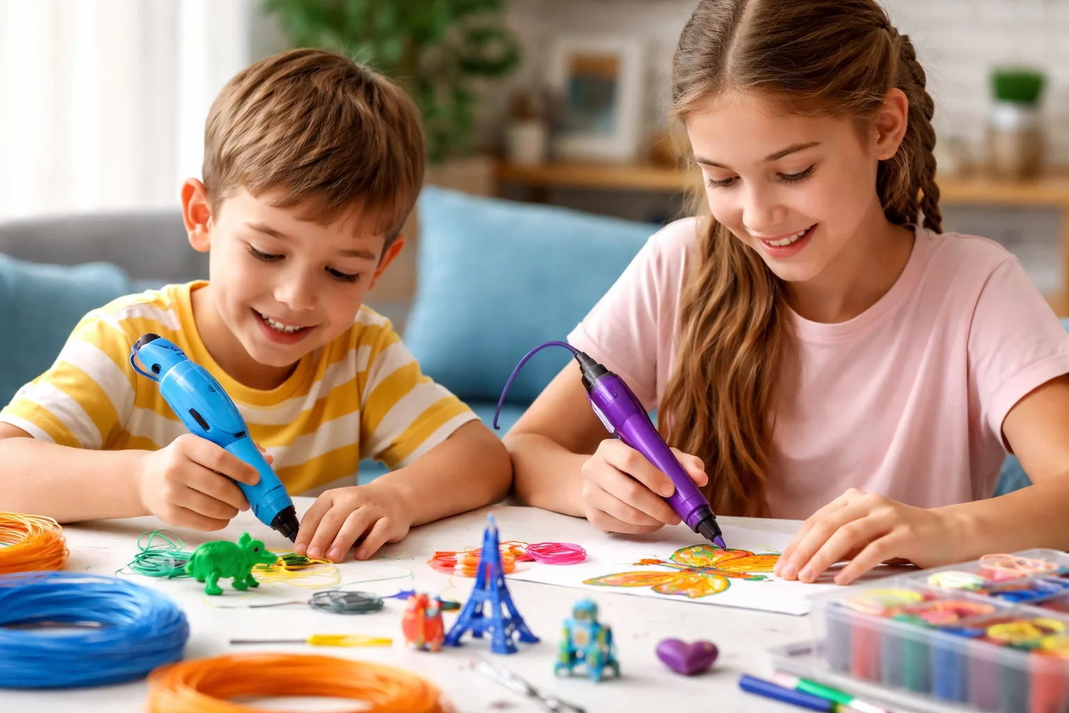 Dos niños usando bolígrafos 3D para crear figuras de colores en casa